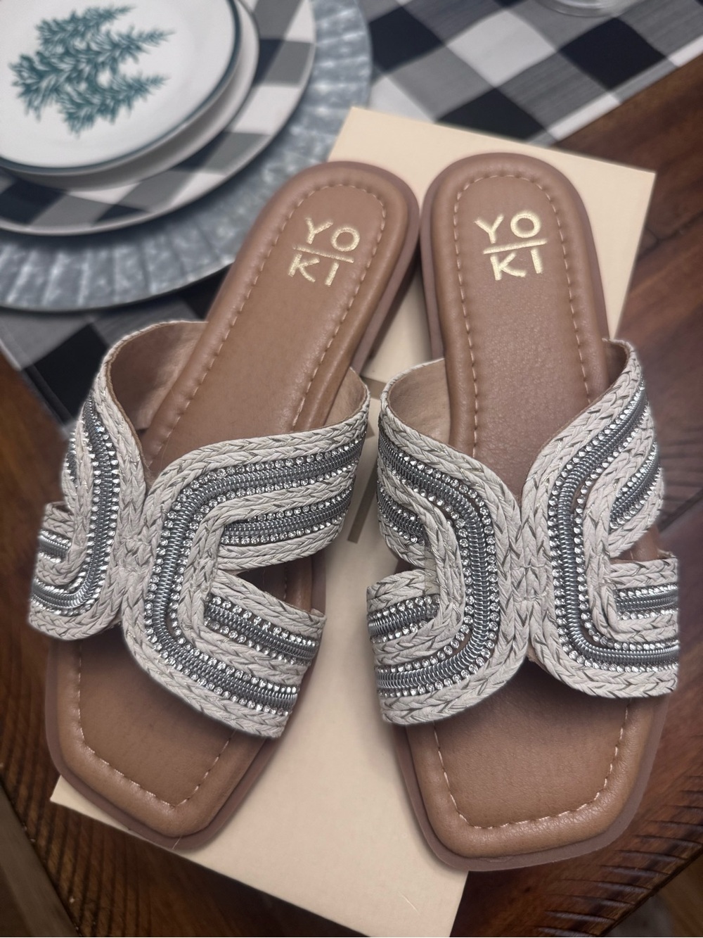 Women’s Yoki Braided Slide Sandals with Metallic Details and Rhinestones size 6
